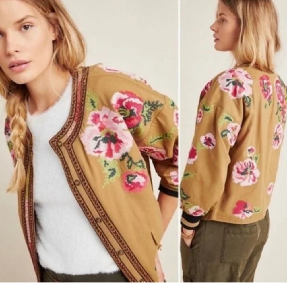 Anthropologie Tan Floral Bomber Jacket